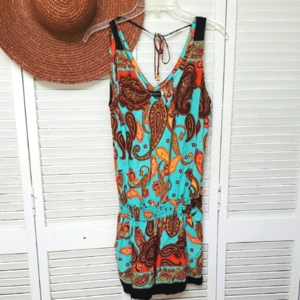 Sleeveless Paisley V-Neck Romper in Turquoise and Brown